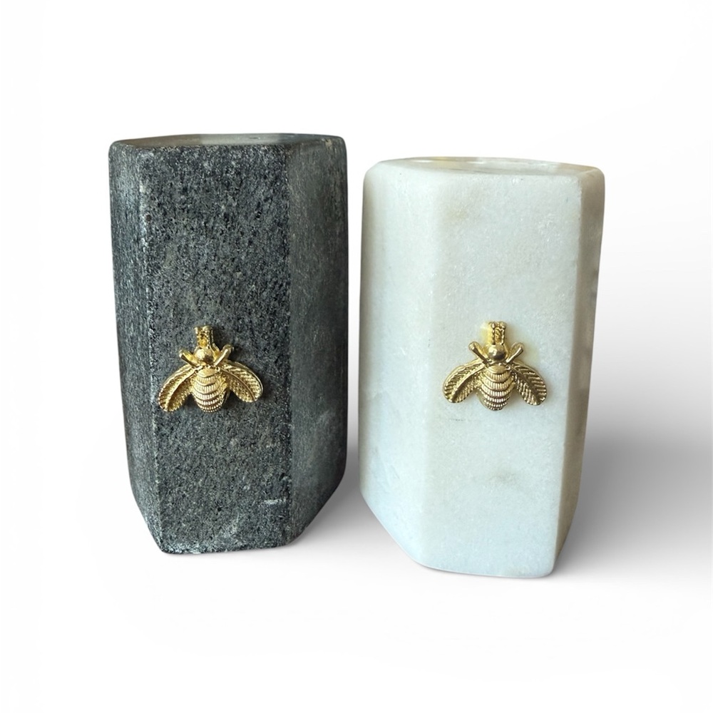 Elegant Black and White Granite salt & pepper shaker with Gold Bee Accent